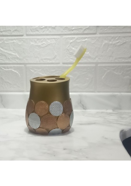 2 Adet Diş Fırçalık Altın Puanlı Poliresin 9X9X10CM Banyo Seti fiyatları