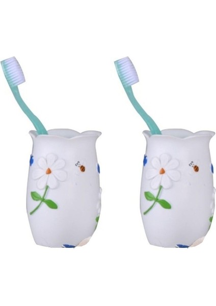 2 Adet Diş Fırçalık,macunluk Çiçekli Poliresin 7X7X10CM Banyo Seti