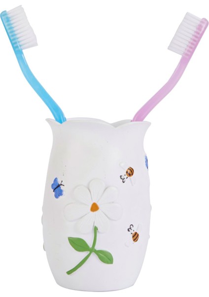 2 Adet Diş Fırçalık,macunluk Çiçekli Poliresin 7X7X10CM Banyo Seti