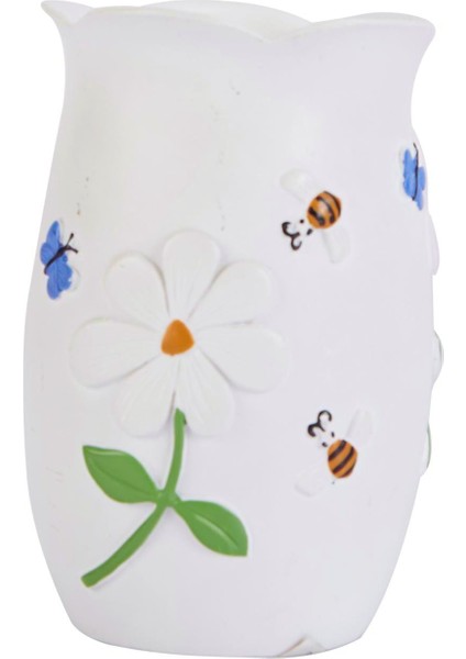 2 Adet Diş Fırçalık,macunluk Çiçekli Poliresin 7X7X10CM Banyo Seti