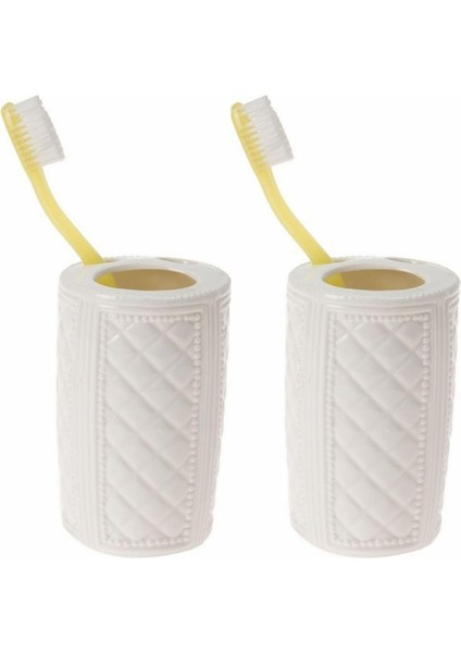 2 Adet Seramik Diş Fırçalık Baklava Desenli 6X6X11CM Banyo Seti