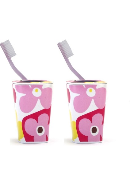 2 Adet Diş Fırçalık Kırmızı Papatya Melamin 7X7X11CM Banyo Seti