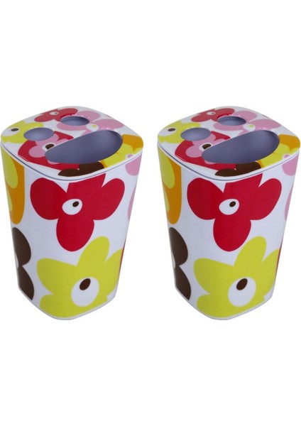 2 Adet Diş Fırçalık Kırmızı Papatya Melamin 7X7X11CM Banyo Seti modelleri