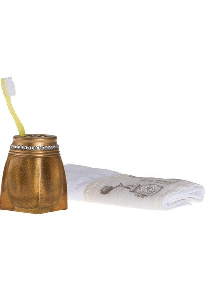 2 Adet Diş Fırçalık Taşlı Altın Poliresin 7X7X10CM Banyo Seti