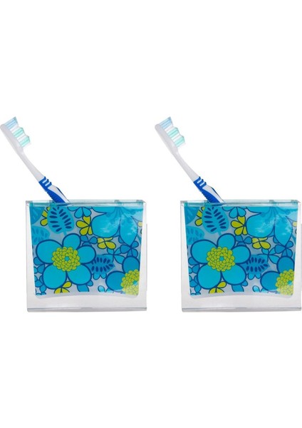 2 Adet Diş Fırçalık Mavi Çiçekli Akrilik 10X10X3CM Banyo Seti