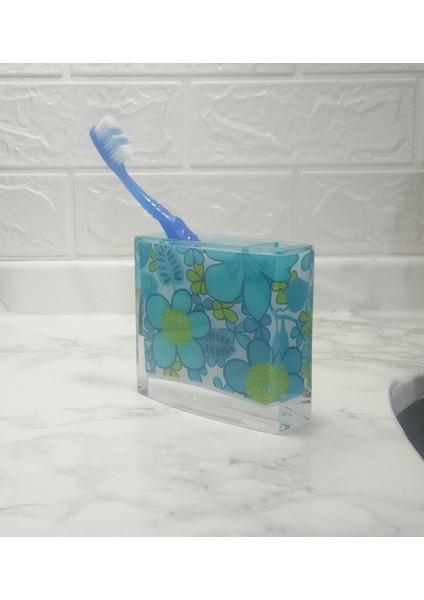 2 Adet Diş Fırçalık Mavi Çiçekli Akrilik 10X10X3CM Banyo Seti fiyatları