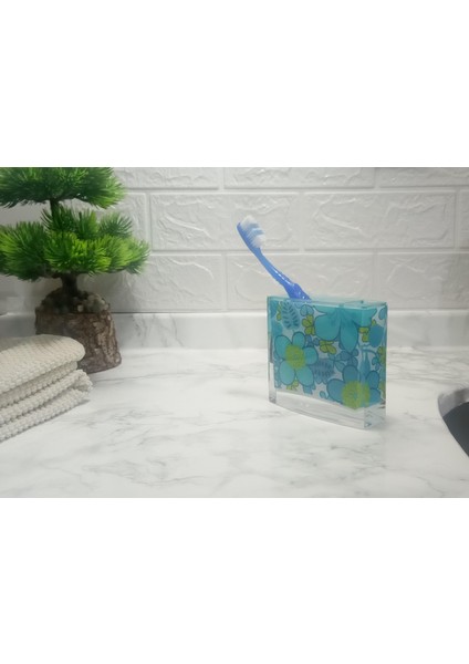 2 Adet Diş Fırçalık Mavi Çiçekli Akrilik 10X10X3CM Banyo Seti indirimleri