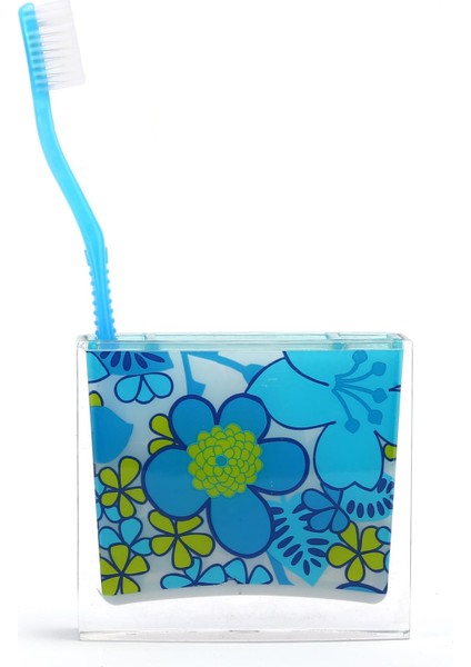 2 Adet Diş Fırçalık Mavi Çiçekli Akrilik 10X10X3CM Banyo Seti