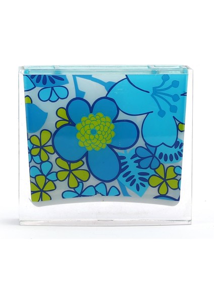 2 Adet Diş Fırçalık Mavi Çiçekli Akrilik 10X10X3CM Banyo Seti