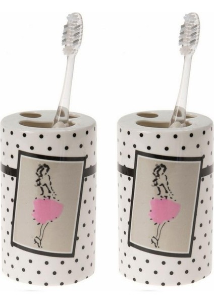 2 Adet Seramik Diş Fırçalık Pembe Elbiseli Kadın Model 7X7X11CM Banyo Seti