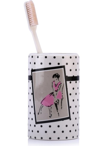 2 Adet Seramik Diş Fırçalık Pembe Elbiseli Kadın Model 7X7X11CM Banyo Seti