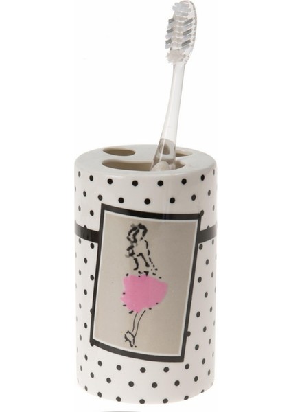 2 Adet Seramik Diş Fırçalık Pembe Elbiseli Kadın Model 7X7X11CM Banyo Seti