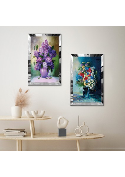 Gümüş Aynalı Pleksi Çerçeveli Yağlı Boya Görünümlü ve Mor Mavi Vazo Ikili Mdf Tablo Seti fiyatları