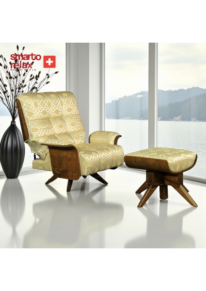 Relax TV Koltuğu Berjer – Genova Notte Serisi (Berjer + Puf), Döner Mekanizmalı, Ergonomik Tasarım, Kadife/Şönil Kumaş Doğal Ahşap Panel, Dekoratif Tekli Koltuk (Salon/Oturma Odası)