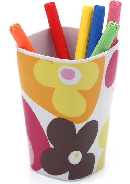 2 Adet Kalemlik Kırmızı Papatya Desenli Ofis Gereci 7X7X11CM 300ML