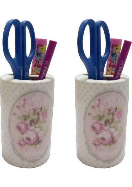 2 Adet Kalemlik Bahar Desenli Seramik Ofis Gereci 7X7X11CM