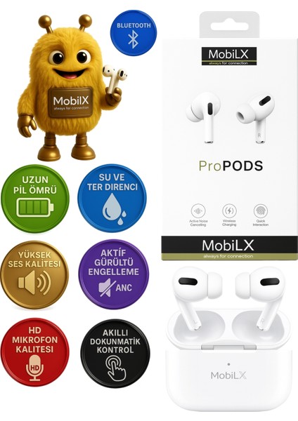Mobilx Propods Kablosuz Bluetooth Kulaklık – Pro Model, Stereo Bass, Hd Mikrofon, Enc Gürültü Önleme, Şarj Kutusu ve Kılıf Hediyeli