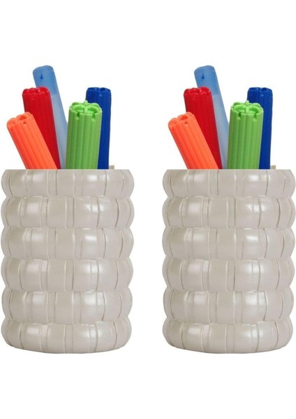 2 Adet Kalemlik Krem Örgü Poliresin Model Ofis Gereci 9X9X12CM