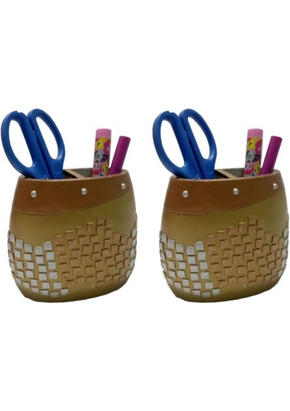 2 Adet Kalemlik Altın Mozaik Poliresin Ofis Gereci 10X10X5CM