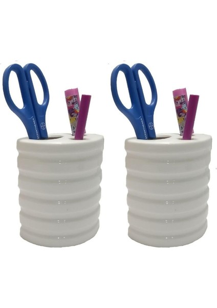 2 Adet Kalemlik Oval Çizgili Model Seramik Ofis Gereci 9X6X11CM