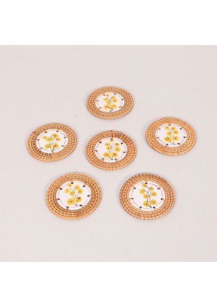 Mylamp Papatya 6'lı Doğal Rattan ve El Yapımı Seramikli Bardak Altlığı