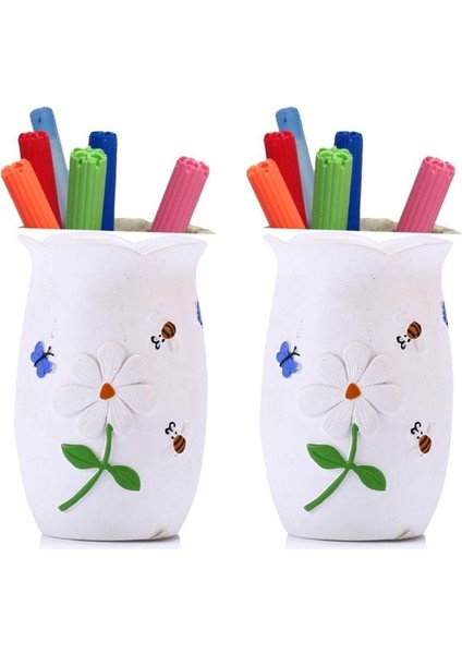 2 Adet Kalemlik Çiçekli Poliresin Model Ofis Gereci 7X7X10CM
