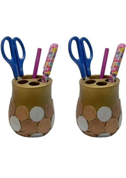 2 Adet Kalemlik Altın Puanlı Poliresin Ofis Gereci 9X9X10CM