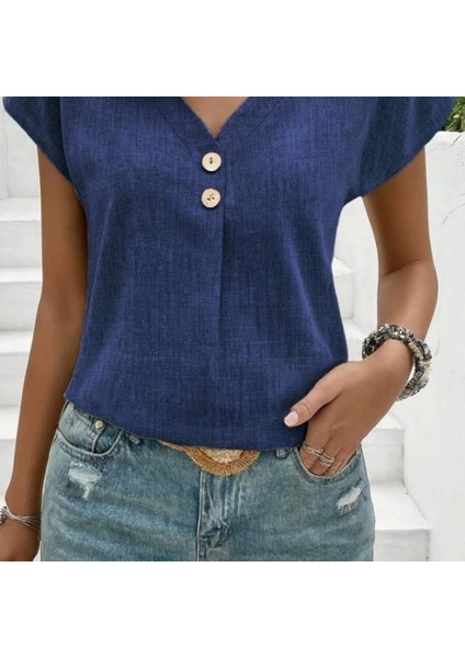 Kadın Kısa Kollu V Yakalı Düğmeli Keten Bluz