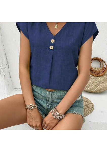 Kadın Kısa Kollu V Yakalı Düğmeli Keten Bluz fiyatları