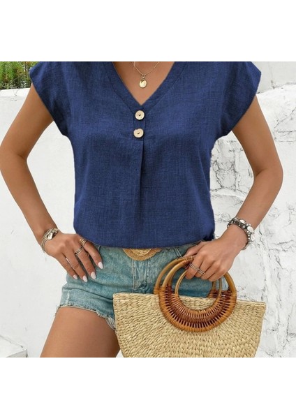 Kadın Kısa Kollu V Yakalı Düğmeli Keten Bluz modelleri
