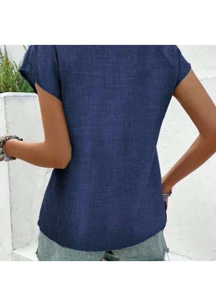 Kadın Kısa Kollu V Yakalı Düğmeli Keten Bluz fırsatları