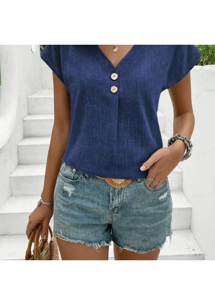 Kadın Kısa Kollu V Yakalı Düğmeli Keten Bluz indirimleri