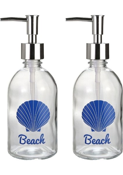 2 Adet Cam Sıvı Sabunluk,plaj Yazılı 7X7X20CM 360ML Banyo Seti