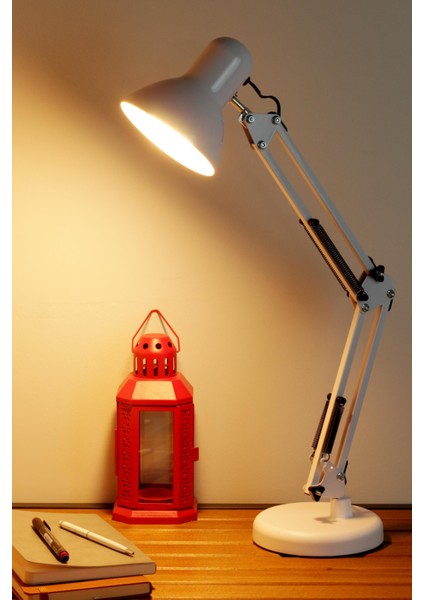 Akrobat Masa Lambası Yaylı Metal 360° Ayarlanabilir Çalışma Okuma Lambası Beyaz