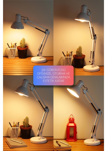 Akrobat Masa Lambası Yaylı Metal 360° Ayarlanabilir Çalışma Okuma Lambası Beyaz modelleri