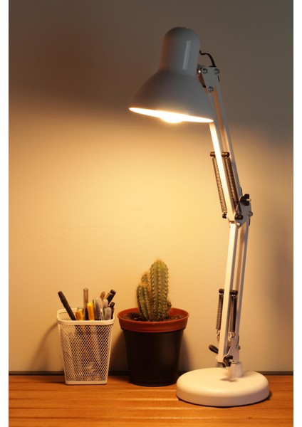 Akrobat Masa Lambası Yaylı Metal 360° Ayarlanabilir Çalışma Okuma Lambası Beyaz