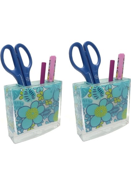 2 Adet Kalemlik Mavi Çiçekli Akrilik Ofis Gereci 10X10X3CM
