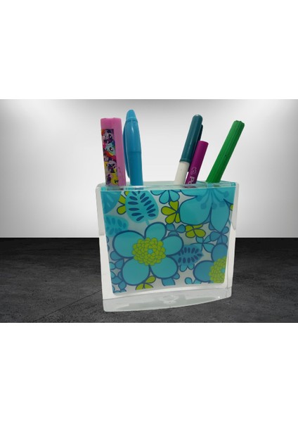 2 Adet Kalemlik Mavi Çiçekli Akrilik Ofis Gereci 10X10X3CM modelleri
