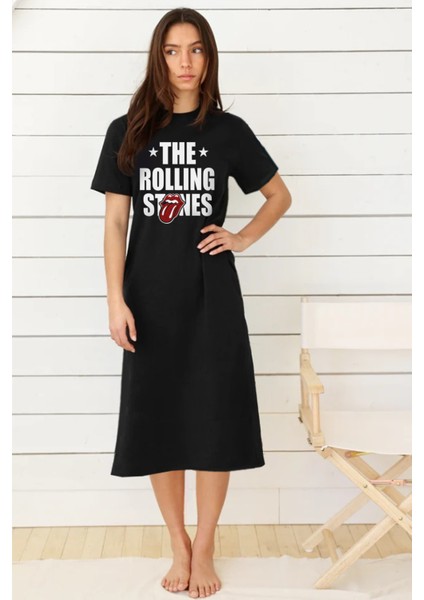 Rolling Stones Siyah Bisiklet Yaka Kısa Kollu Penye Uzun Elbise
