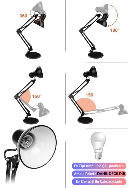 Akrobat Masa Lambası Yaylı Metal 360° Ayarlanabilir Çalışma Okuma Lambası Siyah