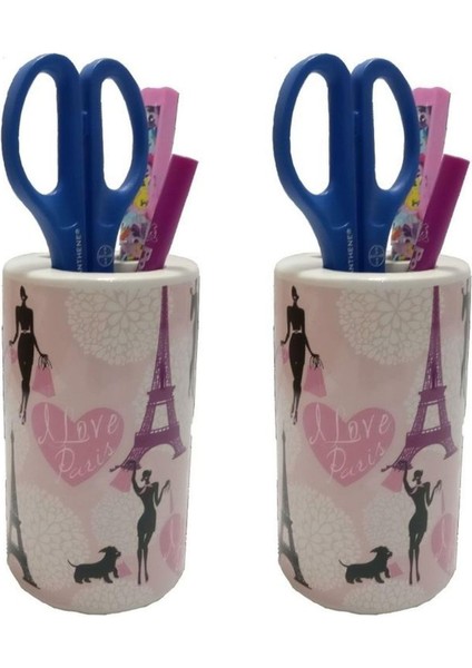 2 Adet Kalemlik Kızlı Paris Desenli Seramik Ofis Gereci 7X7X11CM