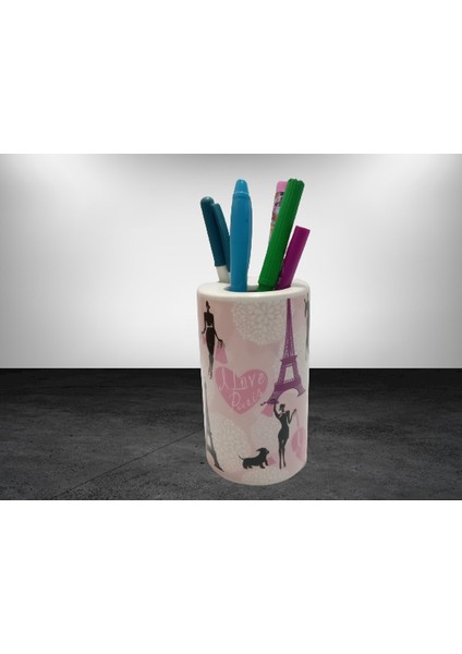 2 Adet Kalemlik Kızlı Paris Desenli Seramik Ofis Gereci 7X7X11CM modelleri