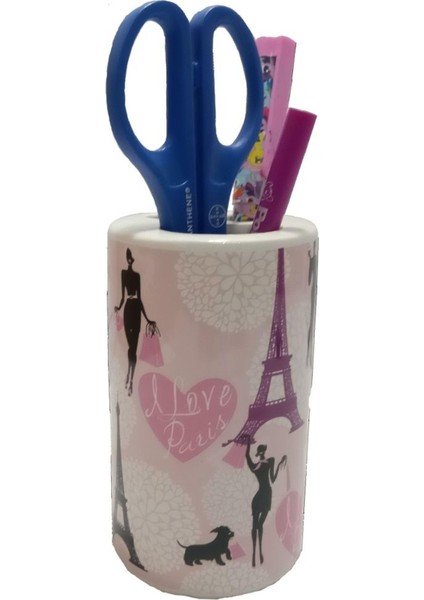 2 Adet Kalemlik Kızlı Paris Desenli Seramik Ofis Gereci 7X7X11CM fırsatları