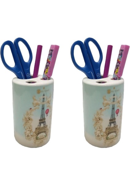 2 Adet Kalemlik Romantik Yeşil Model Seramik Ofis Gereci 7X7X11CM