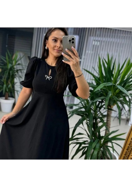 Kadın Kısa Kollu Bisiklet Yaka Fiyonk Broşlu Midi Janjan Krep Elbise fırsatları