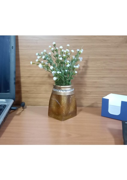 2 Adet Vazo Dahil,vazoda Çiçek,beyaz Yapay Çiçek,vazo Dekoratif Taşlı Altın Poliresin 7X7X15CM modelleri
