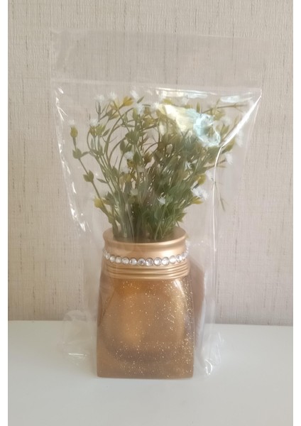 2 Adet Vazo Dahil,vazoda Çiçek,beyaz Yapay Çiçek,vazo Dekoratif Taşlı Altın Poliresin 7X7X15CM fırsatları