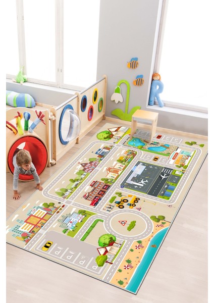 Makinede Yıkanabilir Kaymaz Taban Leke Tutmaz Yol Desenli Çocuk Odası Halısı Oyun Halısı