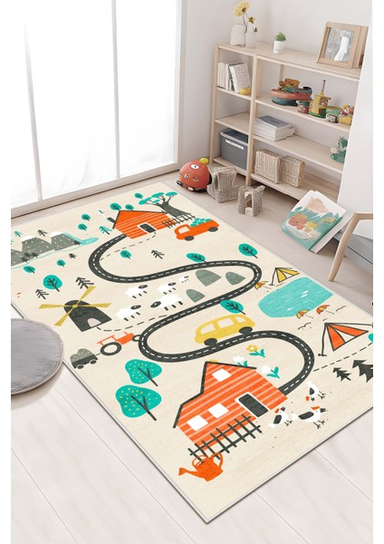 Makinede Yıkanabilir Kaymaz Taban Leke Tutmaz Yol Desenli Çocuk Odası Halısı Oyun Halısı