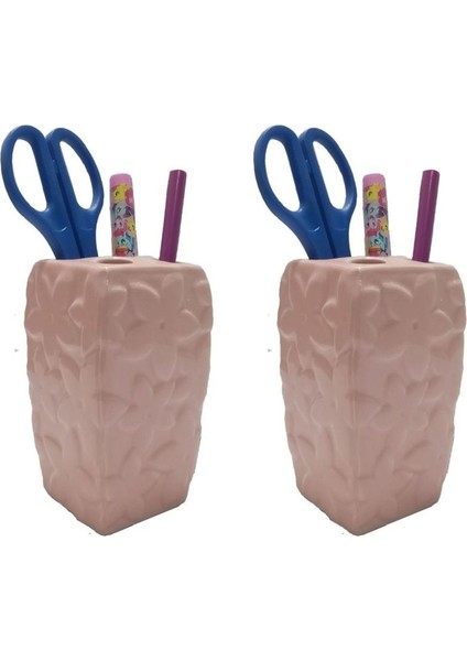 2 Adet Kalemlik Çiçekli Pembe Model Seramik Ofis Gereci 7X7X12CM